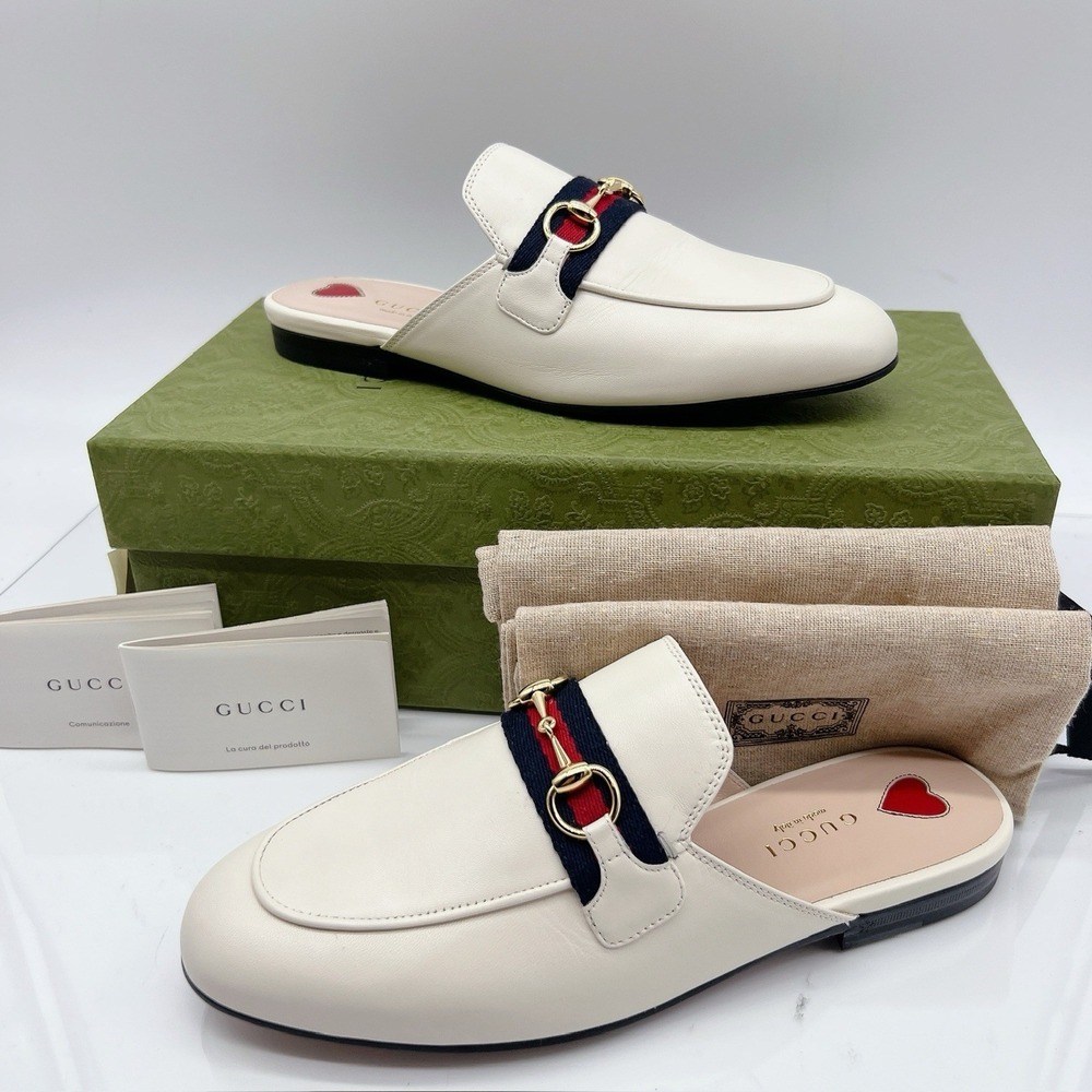 Gucci Princetown Horsebit Web Flat Clog Mule Slipper White Leather Women EU 35.5